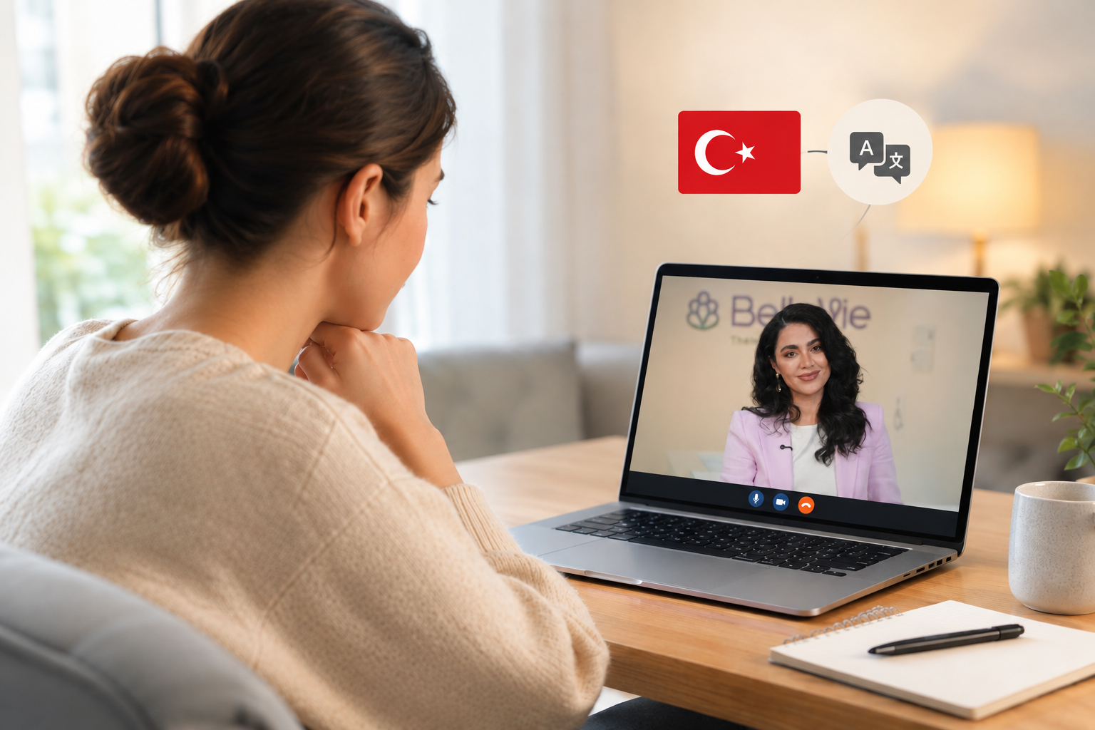 Online therapy session in Turkish with a Belle Vie psychologist on a laptop screen
