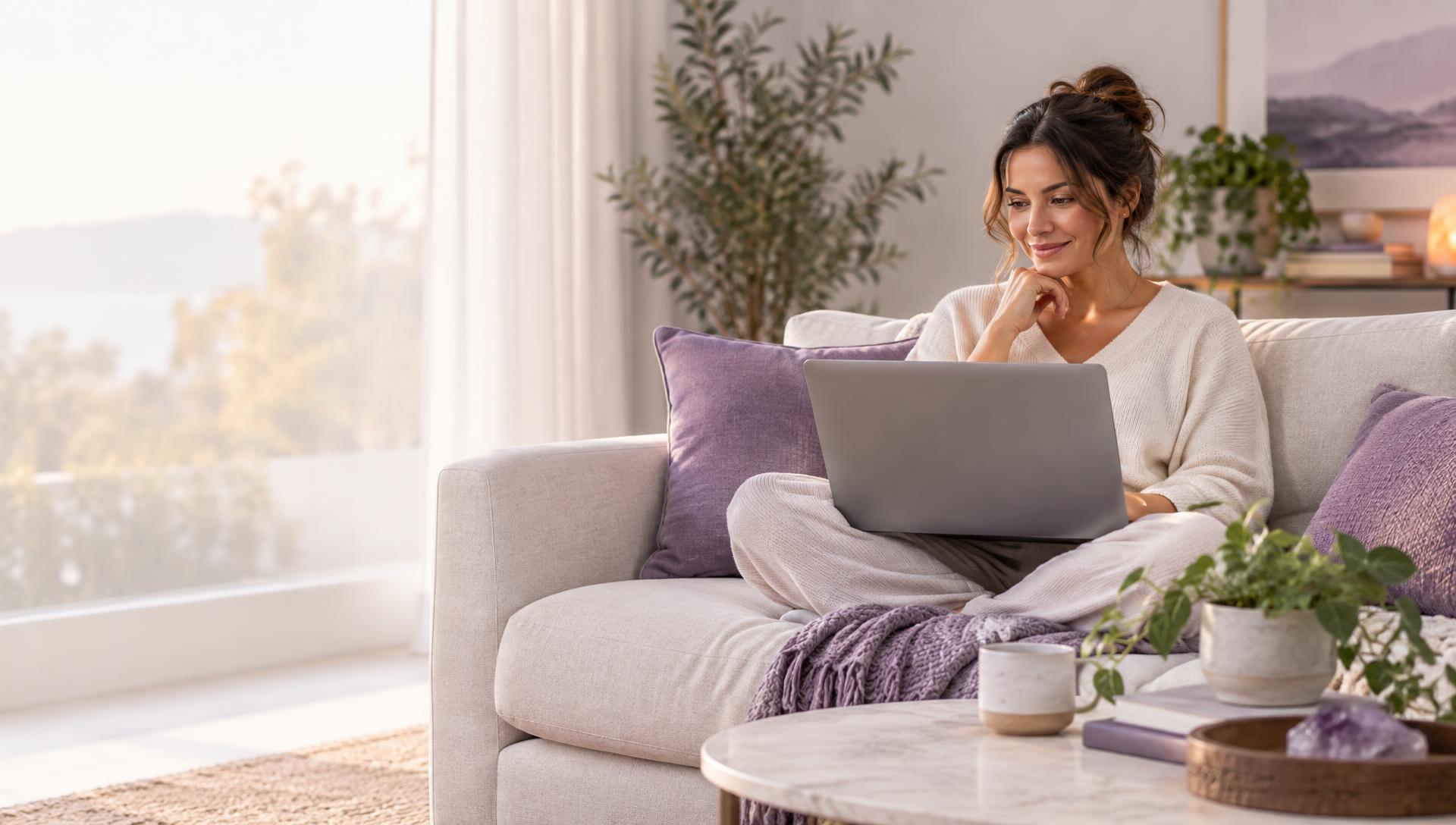 A woman at home having a calm online therapy video session on her laptop